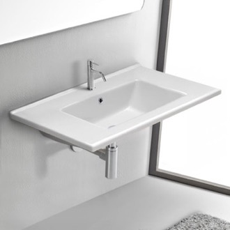 Bathroom Sink Rectangular White Ceramic Wall Mount or Drop In Bathroom Sink CeraStyle 067500-U